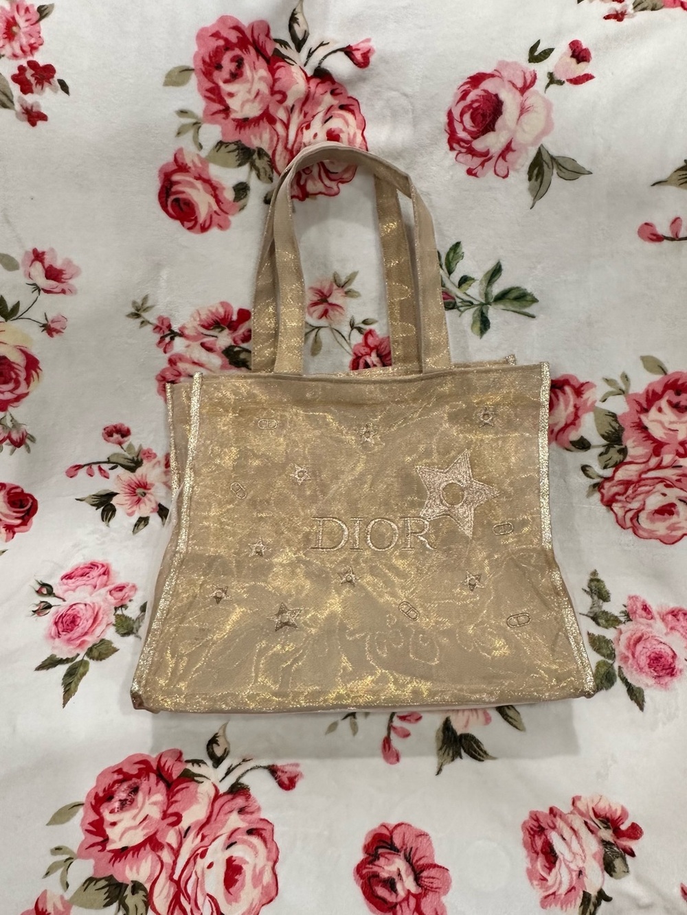 Dior Beauty Metallic Gold Star Embroidered Mesh Tote Without Box